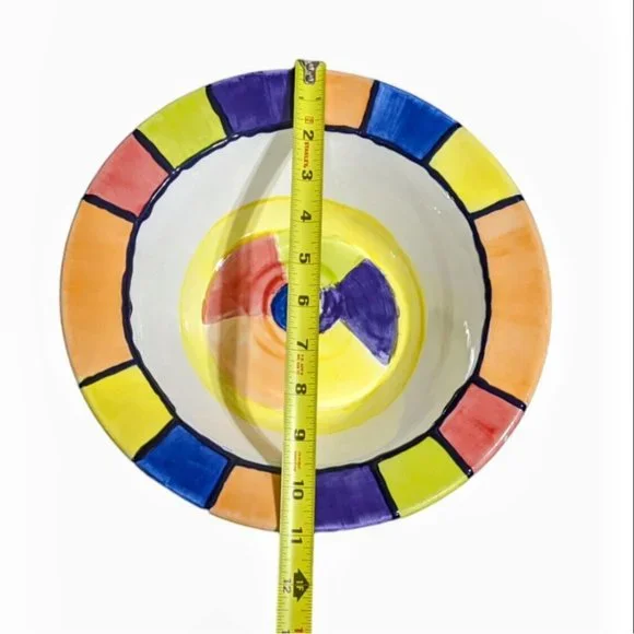Vintage 1999 Hand Painted Serving Bowl Rimmed 11" Signed Sims Bold Rainbow - Picture 6 of 8